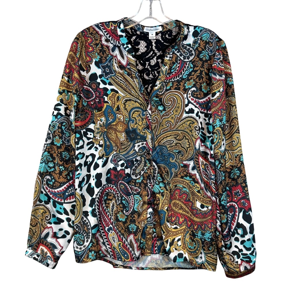 Womens Paisley Animal Print Lace Back Blouse •M• Flowy Bohemian Layering Classic
